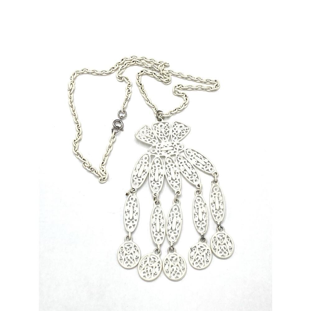 Vintage Necklace White Enamel Large Statement Dangle Pendant 20” 70s Filigree